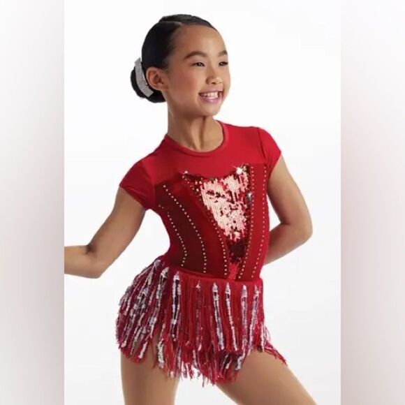Weissman Dance costume red bling fringe velvet dress Could Have Been Me 14906 MC - Picture 1 of 9